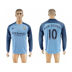 Manchester City #10 Kun Aguero Home Long Sleeves Soccer Club Jersey1