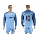 Manchester City #10 Kun Aguero Home Long Sleeves Soccer Club Jersey