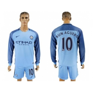 Manchester City #10 Kun Aguero Home Long Sleeves Soccer Club Jersey