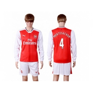 Arsenal #4 Mertesacker Red Home Long Sleeves Soccer Club Jersey