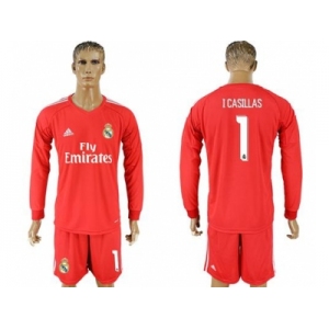 Real Madrid #1 I Casillas Red Goalkeeper Long Sleeves Soccer Club Jersey