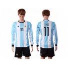 Argentina #11 Tevez Home Long Sleeves Soccer Country Jersey