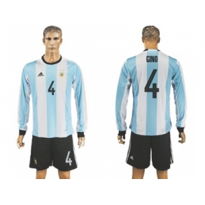 Argentina #4 Gino Home Long Sleeves Soccer Country Jersey
