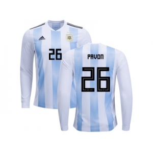 Argentina #26 Pavon Home Long Sleeves Kid Soccer Country Jersey
