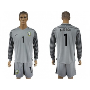 Brazil #1 Alisson Grey Goalkeeper Long Sleeves Soccer Country Jersey