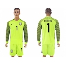 Brazil #1 Alisson Shiny Green Long Sleeves Goalkeeper Soccer Country Jersey