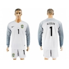 Brazil #1 Alisson White Goalkeeper Long Sleeves Soccer Country Jersey