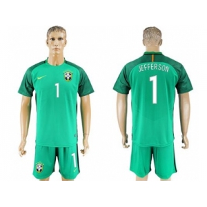 Brazil #1 Jefferson Green Goalkeeper Soccer Country Jersey