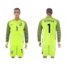 Brazil #1 Jefferson Green Long Sleeves Goalkeeper Soccer Country Jersey