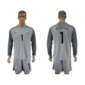 Brazil #1 Jefferson Grey Goalkeeper Long Sleeves Soccer Country Jersey