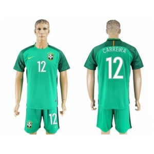 Brazil #12 Carreira Green Goalkeeper Soccer Country Jersey