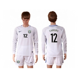 Brazil #12 Carreira White Goalkeeper Long Sleeves Soccer Country Jersey