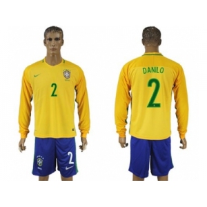 Brazil #2 Danilo Home Long Sleeves Soccer Country Jersey