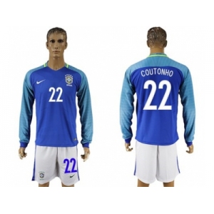 Brazil #22 Coutonho Away Long Sleeves Soccer Country Jersey