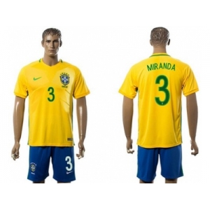 Brazil #3 Miranda Home Soccer Country Jersey