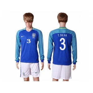 Brazil #3 T.Silva Away Long Sleeves Soccer Country Jersey