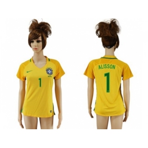Women's Brazil #1 Alisson Home Soccer Country Jersey