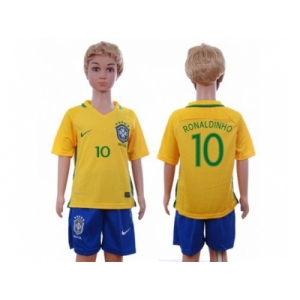 Brazil #10 Ronaldinho Home Kid Soccer Country Jersey