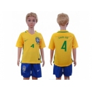 Brazil #4 David Luiz Home Kid Soccer Country Jersey