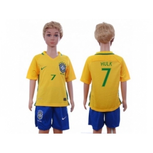 Brazil #7 Hulk Home Kid Soccer Country Jersey