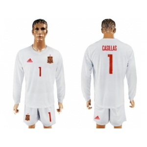 Spain #1 Casillas White Away Long Sleeves Soccer Country Jersey