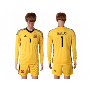 Spain #1 Casillas Yellow Goalkeeper Long Sleeves Soccer Country Jersey