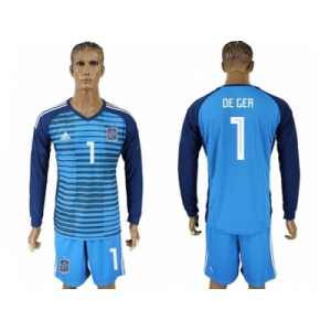 Spain #1 De Gea Blue Goalkeeper Long Sleeves Soccer Country Jersey