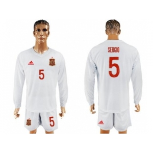 Spain #5 Sergio White Away Long Sleeves Soccer Country Jersey