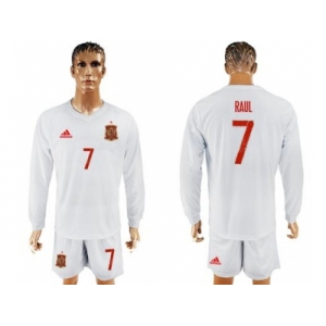 Spain #7 Raul White Away Long Sleeves Soccer Country Jersey