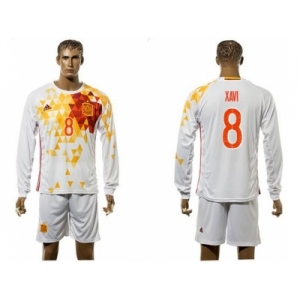 Spain #8 Xavi White Away Long Sleeves Soccer Country Jersey1