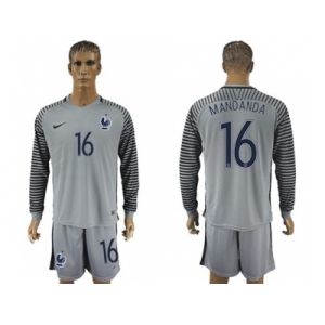 France #16 Mandanda Grey Goalkeeper Long Sleeves Soccer Country Jersey