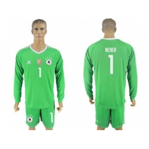 Germany #1 Neuer Green Goalkeeper Long Sleeves Soccer Country Jersey