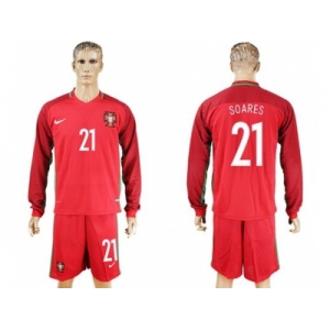 Portugal #21 Soares Home Long Sleeves Soccer Country Jersey