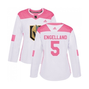 Women Adidas Vegas Golden Knights #5 Deryk Engelland Authentic White Pink Fashion NHL Jersey