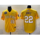 Men's LSU Tigers #22 Jared Jones Gold 2025 World Series & SEC Patch Stitched Baseball Jersey