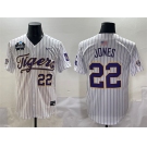Men's LSU Tigers #22 Jared Jones White Pinstripe 2025 World Series & SEC Patch Stitched Baseball Jersey