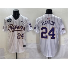 Men's LSU Tigers #24 Anthony Eyanson White Pinstripe 2025 World Series & SEC Patch Stitched Baseball Jersey