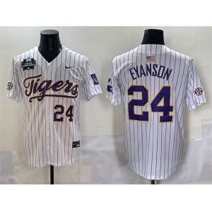 Men's LSU Tigers #24 Anthony Eyanson White Pinstripe 2025 World Series & SEC Patch Stitched Baseball Jersey