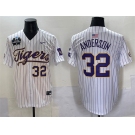 Men's LSU Tigers #32 Kade Anderson White Pinstripe 2025 World Series & SEC Patch Stitched Baseball Jersey