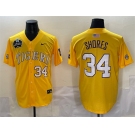 Men's LSU Tigers #34 Chase Shores Gold 2025 World Series & SEC Patch Stitched Baseball Jersey