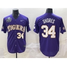 Men's LSU Tigers #34 Chase Shores Purple 2025 World Series & SEC Patch Stitched Baseball Jersey