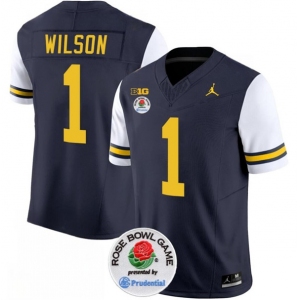 Men's Michigan Wolverines #1 Roman Wilson 2023 F.U.S.E. Navy White Rose Bowl Patch Stitched Jersey