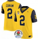 Men's Michigan Wolverines #2 Blake Corum 2023 F.U.S.E. Yellow Navy Rose Bowl Patch Stitched Jersey