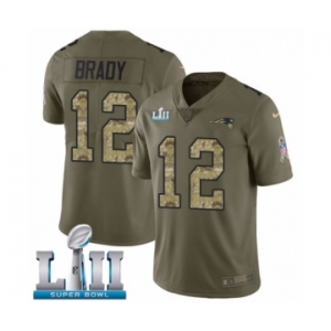 Youth Nike New England Patriots #12 Tom Brady Limited Olive Camo 2017 Salute To Service Super Bowl LII NFL Jersey
