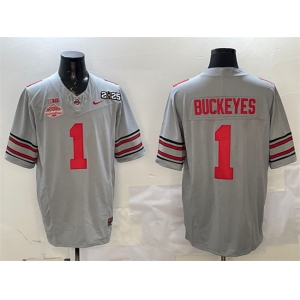 Men's Ohio State Buckeyes #1 Buckeyes Grey 2025 CFP Final With National Champions Patch F.U.S.E. Vapor Limited Stitched Football Jersey