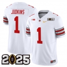 Men's Ohio State Buckeyes #1 Quinshon Judkins White Gold 2025 CFP Final Patch F.U.S.E. Vapor Limited Stitched Football Jersey