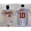 Men's Texas Longhorns #10 Mia Scott White Pinstripe 2025 Softball National Champions & SEC Patch Stitched Jersey