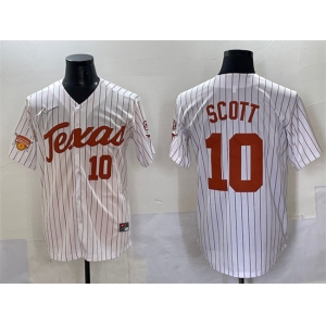Men's Texas Longhorns #10 Mia Scott White Pinstripe 2025 Softball National Champions & SEC Patch Stitched Jersey