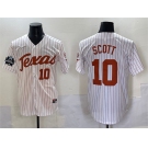 Men's Texas Longhorns #10 Mia Scott White Pinstripe 2025 World Series & SEC Patch Stitched Jersey