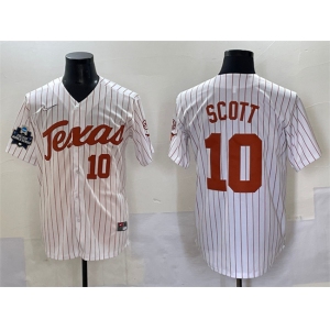 Men's Texas Longhorns #10 Mia Scott White Pinstripe 2025 World Series & SEC Patch Stitched Jersey
